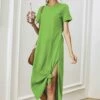 Flash Sale 👍 IZURIA Kelly Green Short-Sleeve Side-Slit Midi 👗 Dress - Plus 👍