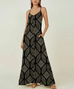 Best Sale β IZURIA Black & Beige Abstract Sleeveless Maxi π Dress - Plus π