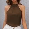Discount 💯 IZURIA Coffee Brown Ruffle-Trim Gathered-Neck Sleeveless Top - 👩 Women ⭐