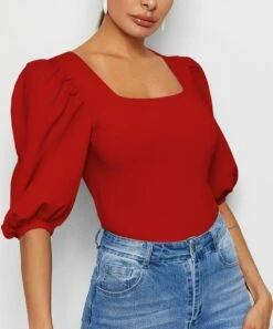 Promo ❤️ IZURIA Red Puff-Sleeve Square Neck Top - Plus ⌛