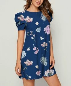 Wholesale 😍 IZURIA Dark Blue & Orchid Floral Puff-Sleeve Shift 👗 Dress - Plus 😍