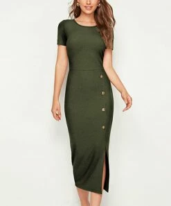 Best Pirce ❤️ IZURIA Army Green Button-Accent Side-Slit Midi 👗 Dress - 👩 Women 💯