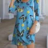 Brand new 😍 IZURIA Blue & Black Butterfly Floral Three-Quarter Sleeve Shift 👗 Dress - 👩 Women & Plus 😉