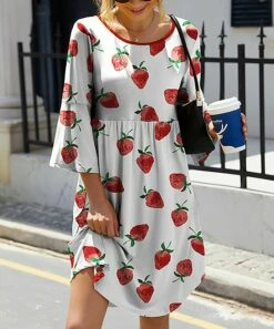 Discount 🌟 IZURIA White & Red Strawberry Bell-Sleeve Empire-Waist 👗 Dress - Plus ⭐