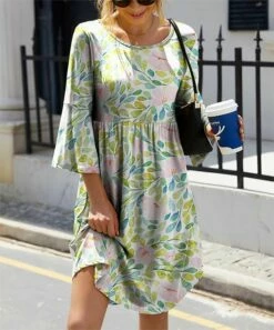 Top 10 🔥 IZURIA Green & Pink Floral Three-Quarter Bell-Sleeve Empire-Waist 👗 Dress - 👩 Women & Plus 😉