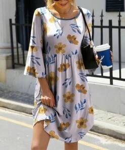 New ✔️ IZURIA Light Purple & Yellow Floral Bell-Sleeve Empire-Waist 👗 Dress - Plus 👏