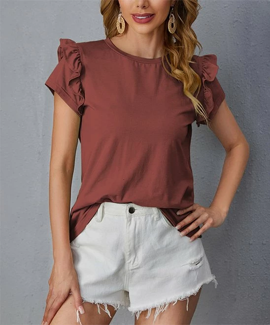 Discount ⭐ IZURIA Wine Flutter-Sleeve Crewneck Top - Plus ⌛ 1 Discount ⭐ IZURIA Wine Flutter-Sleeve Crewneck Top - Plus ⌛