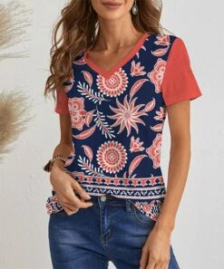 IZURIA Sales Store 18 Cheap π IZURIA Navy & Coral Floral Short-Sleeve V-Neck Top - π© Women π