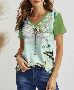 Best reviews of ⌛ IZURIA Green & White Dragonfly V-Neck Tee - 👩 Women 👍
