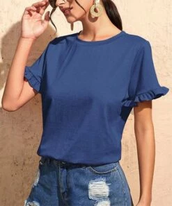 Cheap 😀 IZURIA Blue Ruffle-Sleeve Crewneck Top - Plus 🥰
