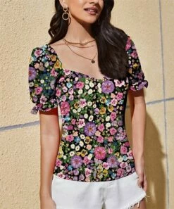 Cheap 🔥 IZURIA Black & Pink Floral Puff-Sleeve Sweetheart Top - 👩 Women ✔️