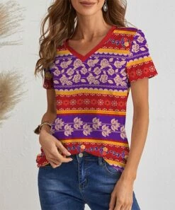 Flash Sale 👏 IZURIA Red & Purple Floral Stripe Short-Sleeve V-Neck Top - Plus ✨