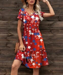 Best reviews of 👏 IZURIA Red & White Star Tiered Ruffle-Hem V-Neck 👗 Dress - 👩 Women ✔️