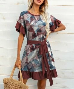Wholesale ⭐ IZURIA Wine & Red Abstract Belted Bell-Sleeve Ruffle-Hem Shift 👗 Dress - 👩 Women 🎉