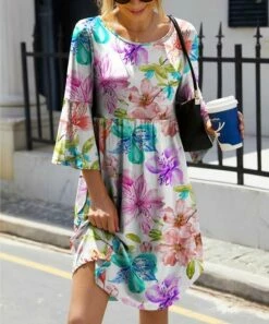 Discount 🎁 IZURIA Purple & Blue Floral Bell-Sleeve Empire-Waist 👗 Dress - 👩 Women 😍