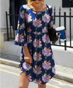 New ✨ IZURIA Blue & Purple Floral Bell-Sleeve Empire-Waist 👗 Dress - 👩 Women 🎉