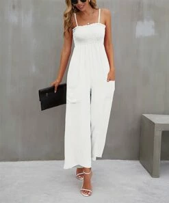 Buy 🥰 IZURIA White Smocked Palazzo Jumpsuit - 👩 Women 😀 -IZURIA Sales Store zu105390786 alt 1 tm1650999678