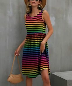 Cheap ✔️ IZURIA Black Rainbow Stripe Sleeveless Empire-Waist 👗 Dress - 👩 Women & Plus 🛒