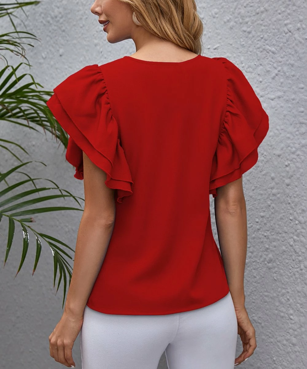 Best reviews of π― IZURIA Red Ruffle Flutter-Sleeve Crewneck Top - Plus π 2 Best reviews of π― IZURIA Red Ruffle Flutter-Sleeve Crewneck Top - Plus π - Image 2