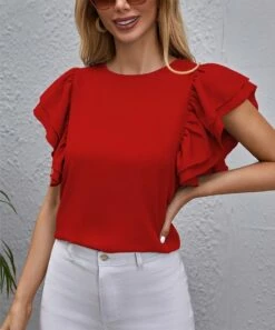 Best reviews of 💯 IZURIA Red Ruffle Flutter-Sleeve Crewneck Top - Plus 😍