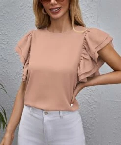 Best Sale 🎉 IZURIA Pink Ruffle Flutter-Sleeve Crewneck Top - 👩 Women 😉