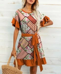 Outlet 👏 IZURIA Orange & Pink Patchwork Belted Shift 👗 Dress - 👩 Women 🛒