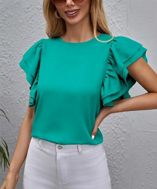 Outlet 🧨 IZURIA Aqua Ruffle Flutter-Sleeve Crewneck Top - 👩 Women & Plus 😍 -IZURIA Sales Store zu105503506 main tm1651327772