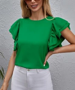 Buy 🔥 IZURIA Green Ruffle Flutter-Sleeve Crewneck Top - 👩 Women 👏