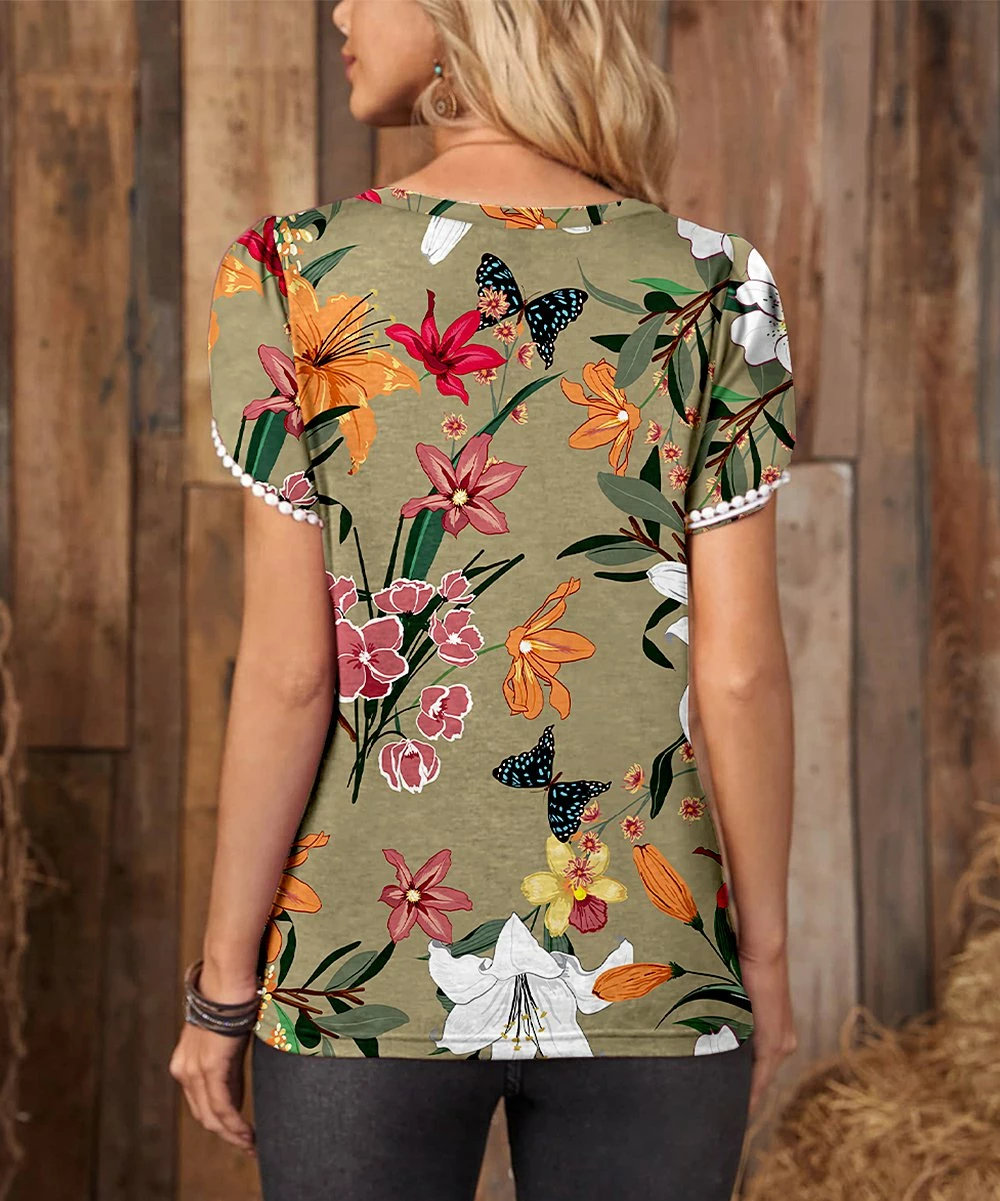 Buy ✨ IZURIA Army Green & Orange Floral Lace-Trim Cap-Sleeve Top - Plus 🎁 2 Buy ✨ IZURIA Army Green & Orange Floral Lace-Trim Cap-Sleeve Top - Plus 🎁 - Image 2