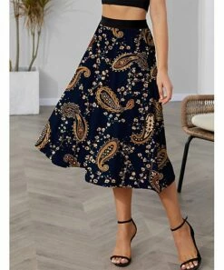 Coupon 😍 IZURIA Navy & Brown Paisley Elastic-Waist Midi 👗 Skirt - 👩 Women 🧨
