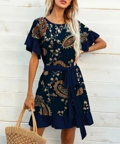 Outlet ✔️ IZURIA Navy & Brown Paisley Ruffle Tie-Waist 👗 Dress - Plus 🔥