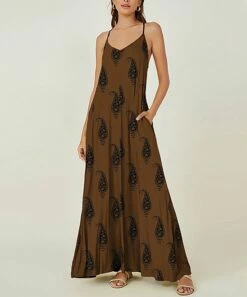 Cheap 🌟 IZURIA Brown & Black Paisley Sleeveless Maxi 👗 Dress - 👩 Women ⌛