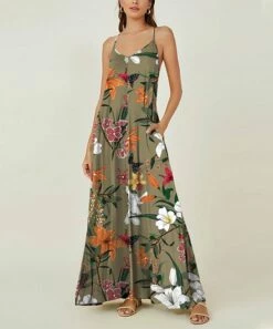 Outlet 😀 IZURIA Army Green & Orange Floral Sleeveless Maxi 👗 Dress - 👩 Women 🎁