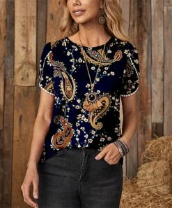 Brand new 🧨 IZURIA Navy & Brown Paisley Lace-Trim Cap-Sleeve Top - 👩 Women 🎁