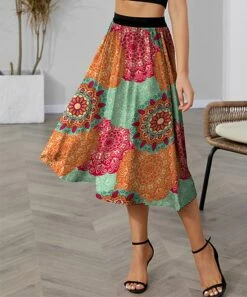 New 🌟 IZURIA Orange & Green Mandala Midi 👗 Skirt - 👩 Women ⌛