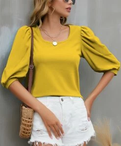 Budget 👍 IZURIA Yellow Puff-Sleeve Square-Neck Top - 👩 Women ⭐
