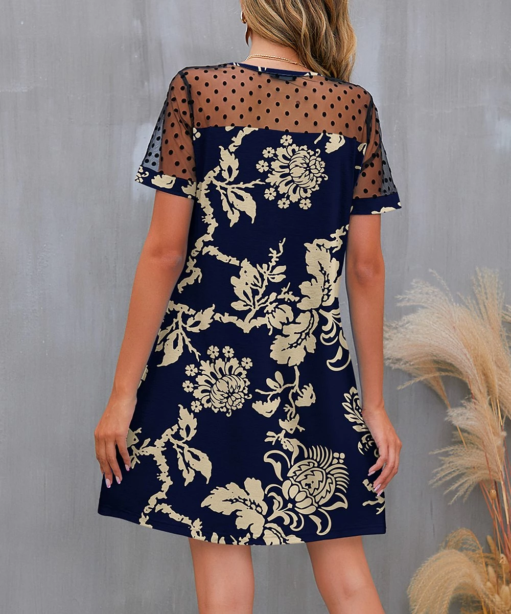 Hot Sale π IZURIA Navy & Sand Classic Floral Polka Dot Mesh-Accent Shift π Dress - Plus π 2 Hot Sale π IZURIA Navy & Sand Classic Floral Polka Dot Mesh-Accent Shift π Dress - Plus π - Image 2