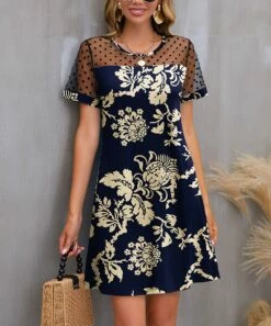 Hot Sale π IZURIA Navy & Sand Classic Floral Polka Dot Mesh-Accent Shift π Dress - Plus π