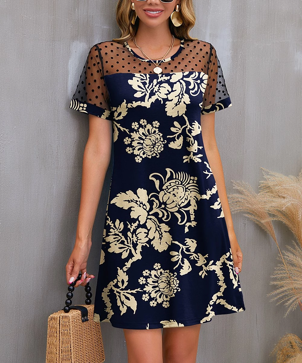 Hot Sale π IZURIA Navy & Sand Classic Floral Polka Dot Mesh-Accent Shift π Dress - Plus π 1 Hot Sale π IZURIA Navy & Sand Classic Floral Polka Dot Mesh-Accent Shift π Dress - Plus π
