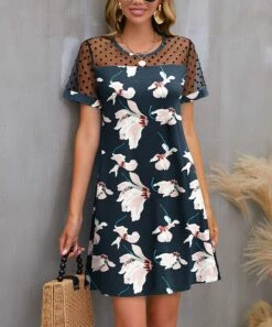 Hot Sale π IZURIA Navy Blue & Light Pink Floral Polka Dot Mesh-Accent Shift π Dress - Plus π