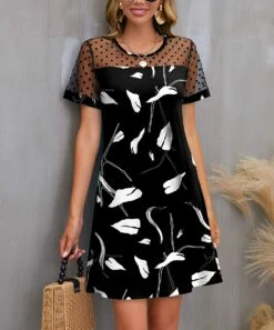 Outlet 🎉 IZURIA Black & White Abstract Polka Dot Mesh-Accent Shift 👗 Dress - 👩 Women 🔔