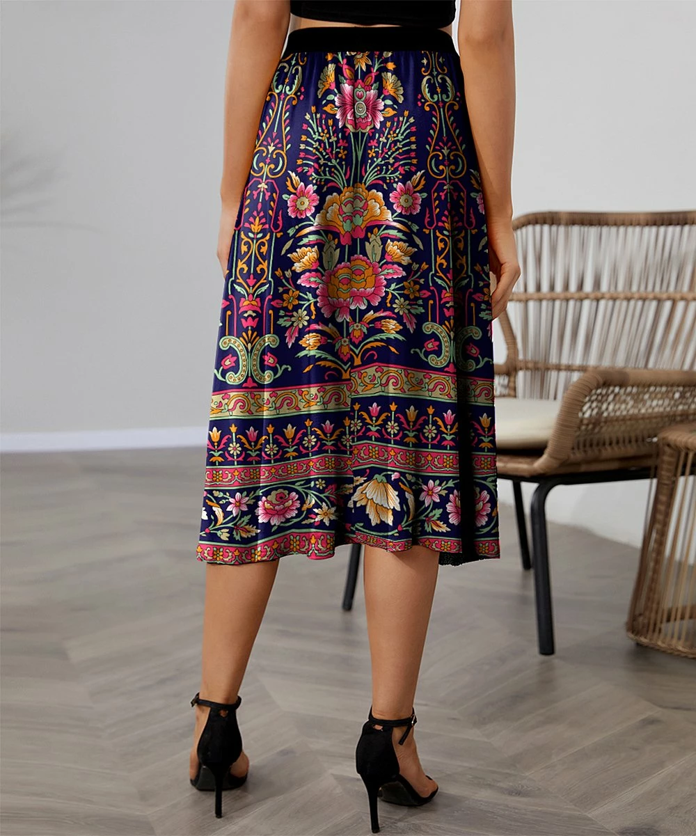 Cheap ✔️ IZURIA Blue & Fuchsia Floral Elastic-Waist Midi 👗 Skirt - 👩 Women 😍 2 Cheap ✔️ IZURIA Blue & Fuchsia Floral Elastic-Waist Midi 👗 Skirt - 👩 Women 😍 - Image 2