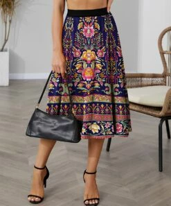 Cheap ✔️ IZURIA Blue & Fuchsia Floral Elastic-Waist Midi 👗 Skirt - 👩 Women 😍