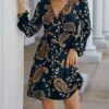 Deals 👍 IZURIA Navy & Brown Paisley Long-Sleeve Empire-Waist Surplice 👗 Dress - 👩 Women & Plus ❤️