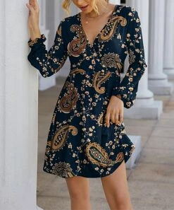 Deals 👍 IZURIA Navy & Brown Paisley Long-Sleeve Empire-Waist Surplice 👗 Dress - 👩 Women & Plus ❤️