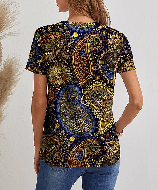 Buy β¨ IZURIA Blue & Yellow Paisley V-Neck Tee - π© Women π 2 Buy β¨ IZURIA Blue & Yellow Paisley V-Neck Tee - π© Women π - Image 2