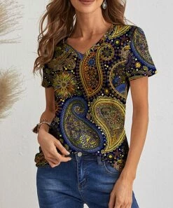 Buy ✨ IZURIA Blue & Yellow Paisley V-Neck Tee - 👩 Women 👏