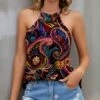 Promo 🔥 IZURIA Purple & Orange Paisley Ruffle-Accent Halter Tank - 👩 Women 🔔