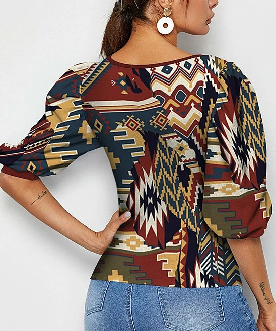 Coupon π IZURIA Blue & Wine Abstract Square-Neck Puff-Sleeve Top - π© Women π― 2 Coupon π IZURIA Blue & Wine Abstract Square-Neck Puff-Sleeve Top - π© Women π― - Image 2