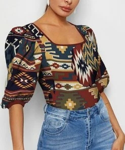 Coupon 👍 IZURIA Blue & Wine Abstract Square-Neck Puff-Sleeve Top - 👩 Women 💯